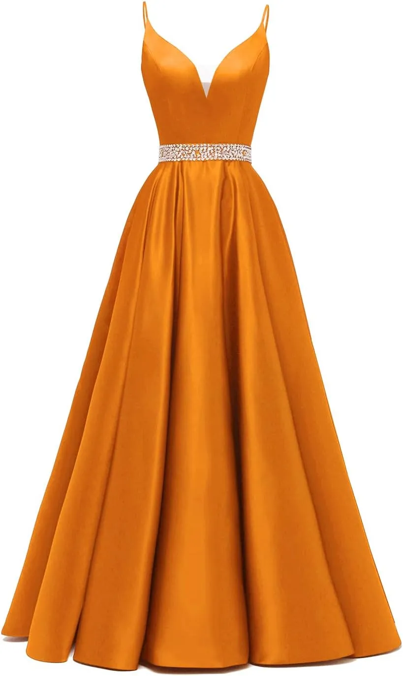 kamahe Spaghetti Straps Prom Dress Long Satin Beaded V-Neck Formal Evening Party Ball Gowns with Pockets