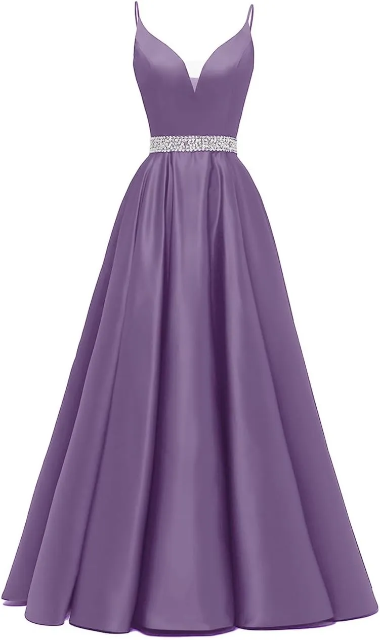 kamahe Spaghetti Straps Prom Dress Long Satin Beaded V-Neck Formal Evening Party Ball Gowns with Pockets