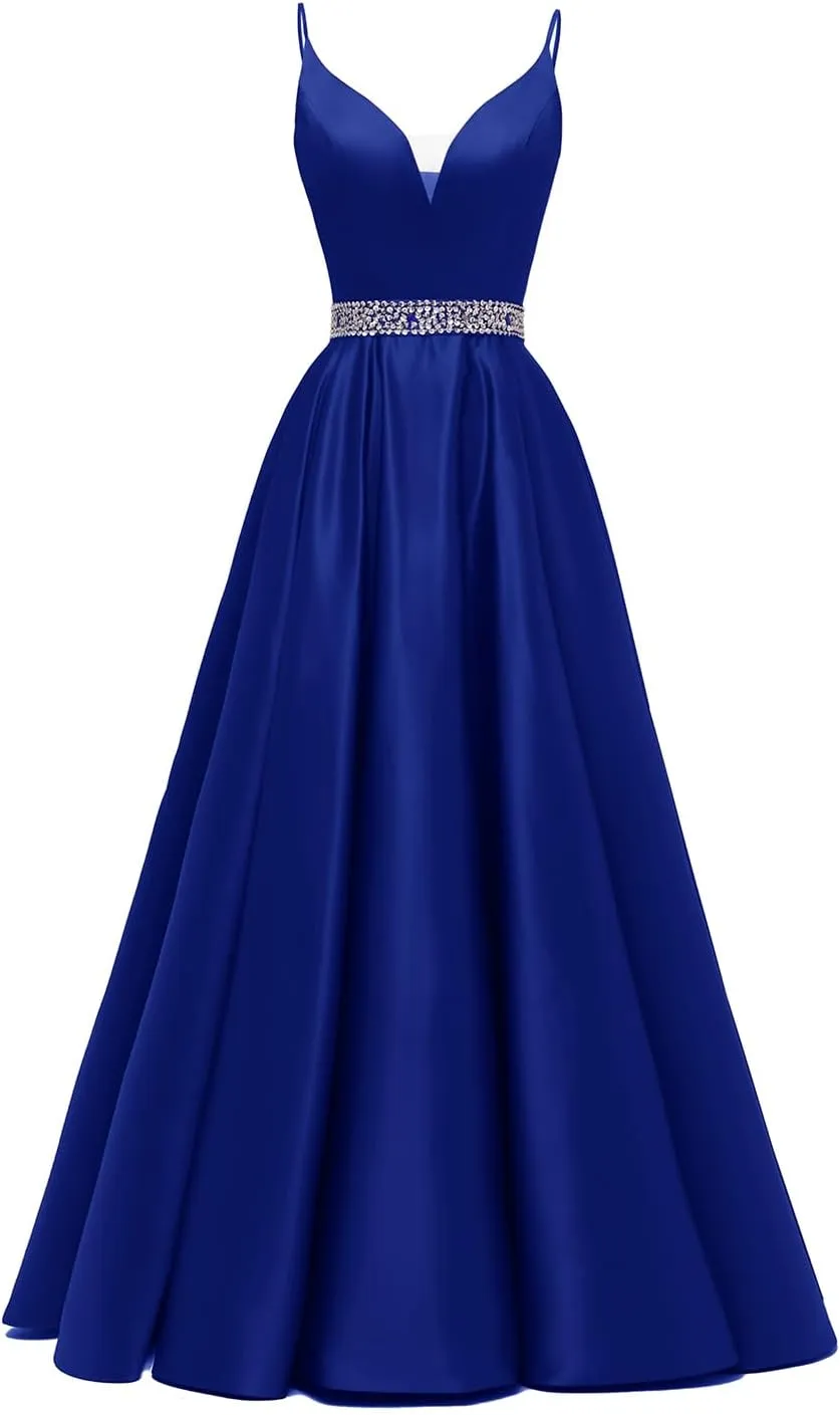 kamahe Spaghetti Straps Prom Dress Long Satin Beaded V-Neck Formal Evening Party Ball Gowns with Pockets