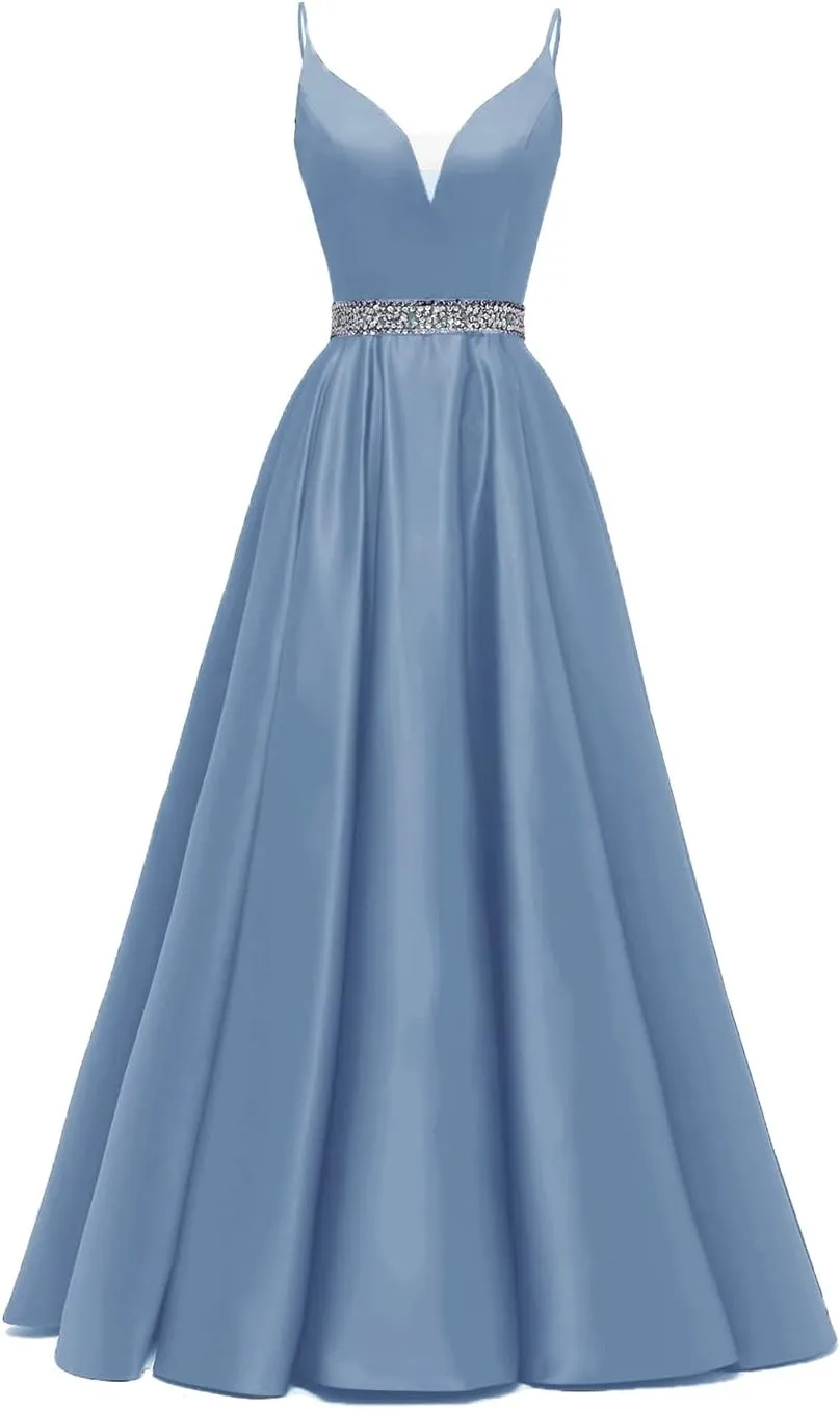 kamahe Spaghetti Straps Prom Dress Long Satin Beaded V-Neck Formal Evening Party Ball Gowns with Pockets