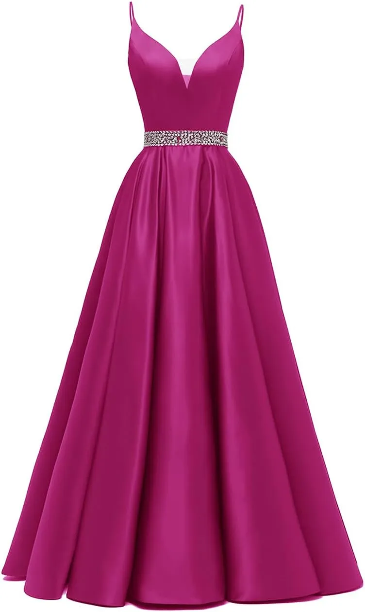 kamahe Spaghetti Straps Prom Dress Long Satin Beaded V-Neck Formal Evening Party Ball Gowns with Pockets