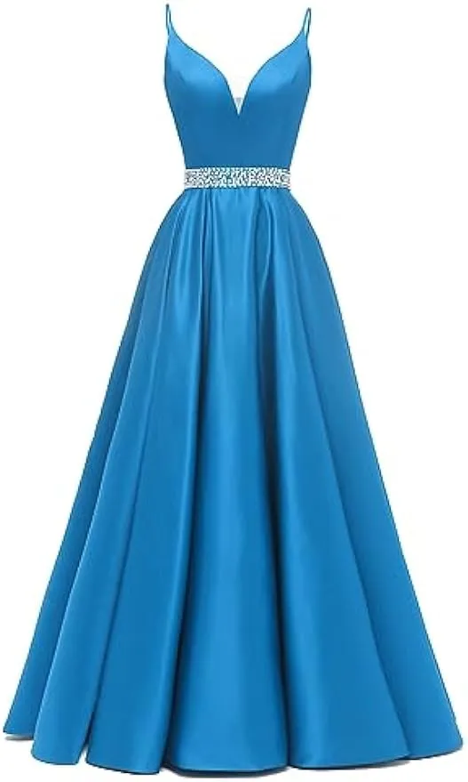 kamahe Spaghetti Straps Prom Dress Long Satin Beaded V-Neck Formal Evening Party Ball Gowns with Pockets