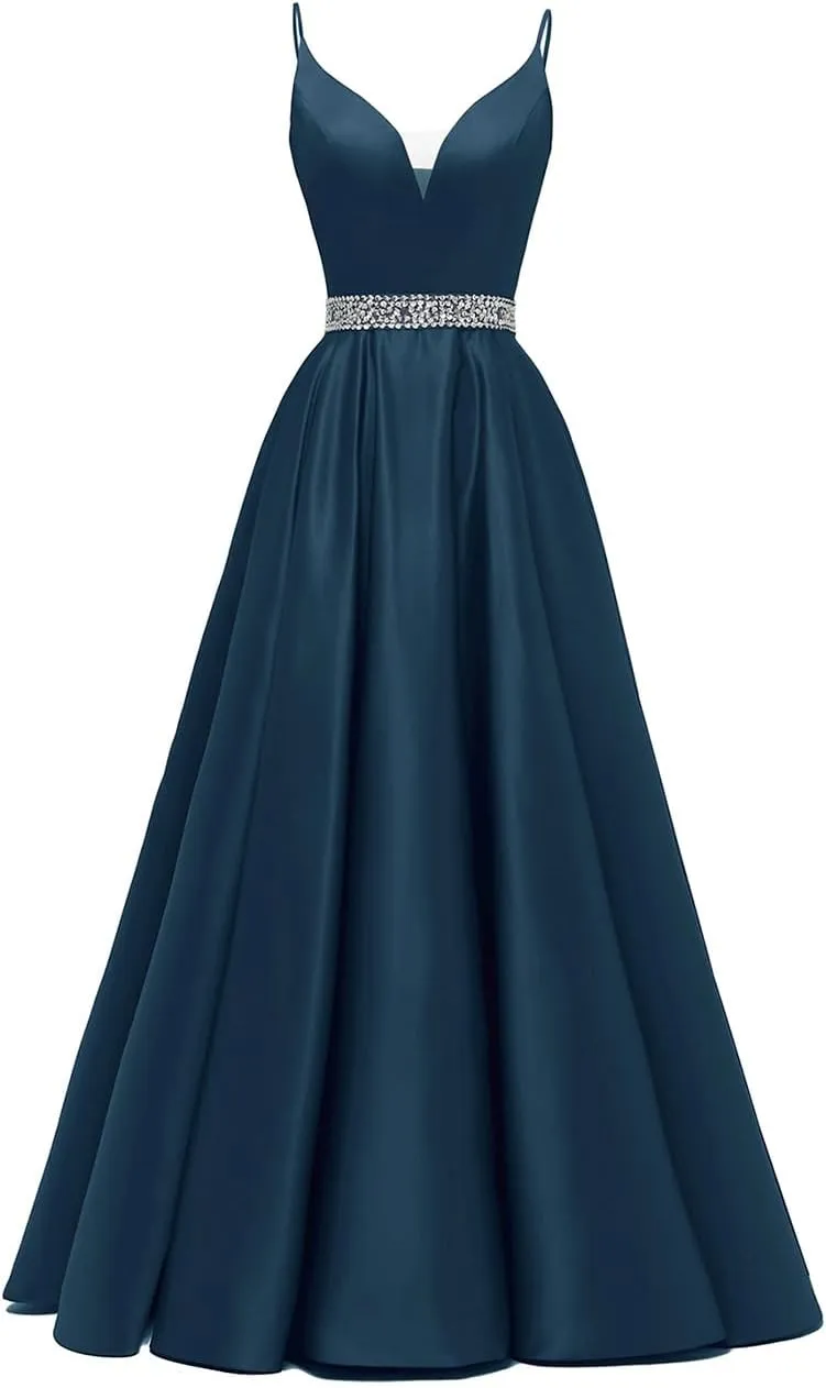 kamahe Spaghetti Straps Prom Dress Long Satin Beaded V-Neck Formal Evening Party Ball Gowns with Pockets