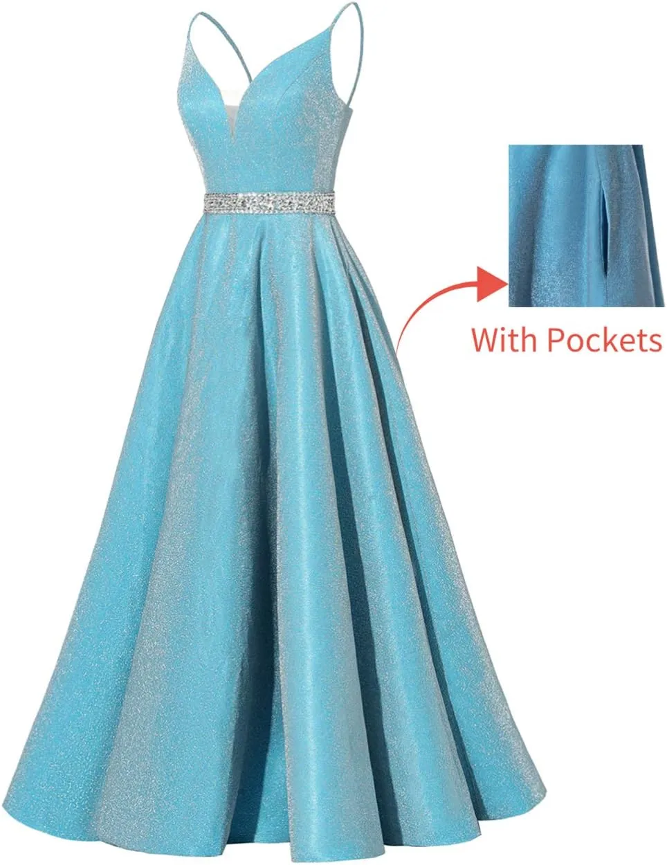 kamahe Spaghetti Straps Prom Dress Long Satin Beaded V-Neck Formal Evening Party Ball Gowns with Pockets