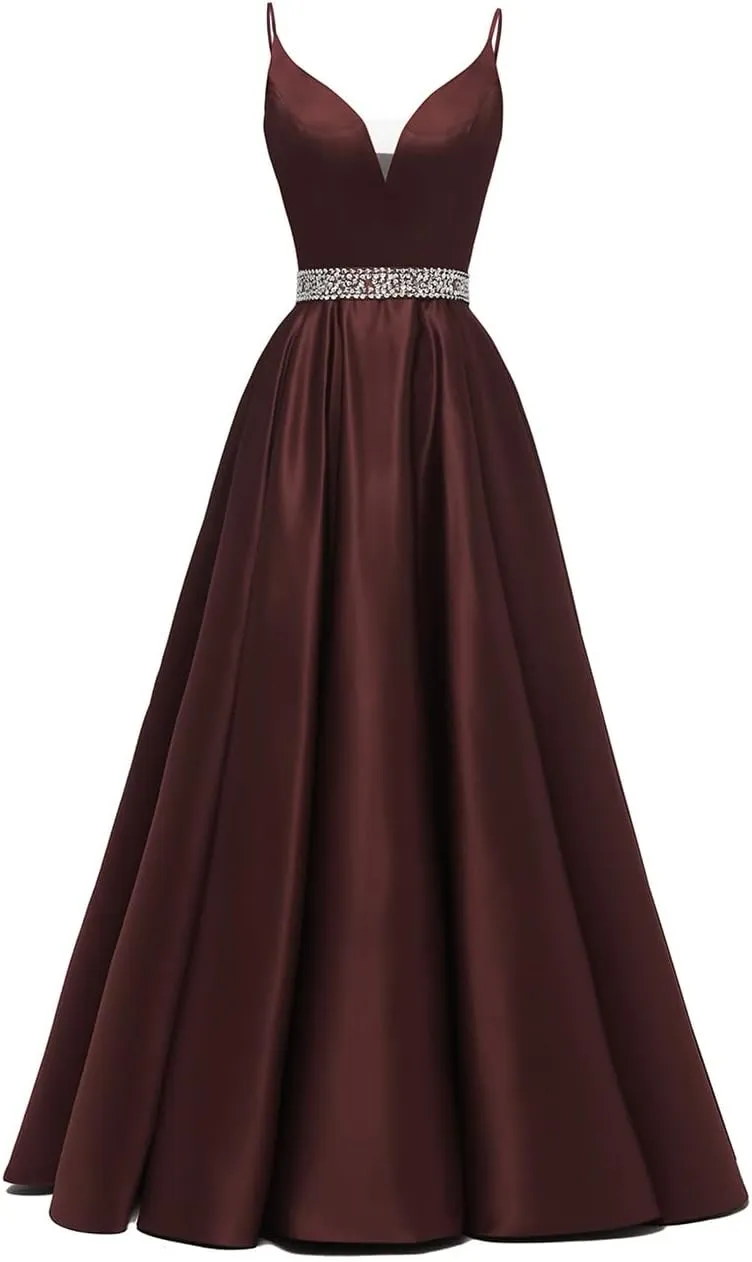 kamahe Spaghetti Straps Prom Dress Long Satin Beaded V-Neck Formal Evening Party Ball Gowns with Pockets