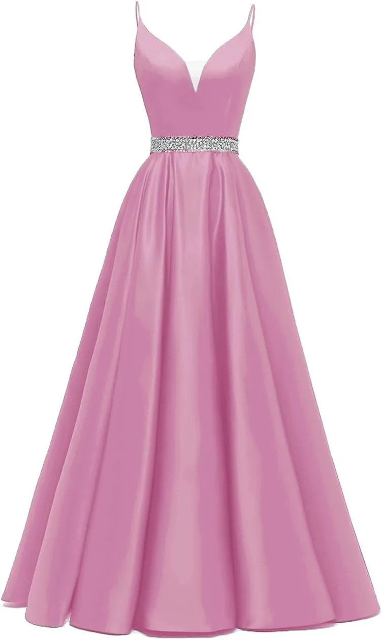 kamahe Spaghetti Straps Prom Dress Long Satin Beaded V-Neck Formal Evening Party Ball Gowns with Pockets