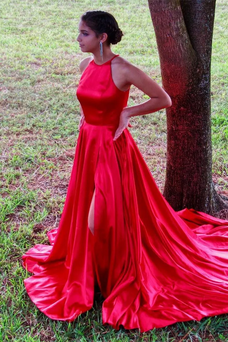 Leg Slit Red Prom Dresses with Long Train