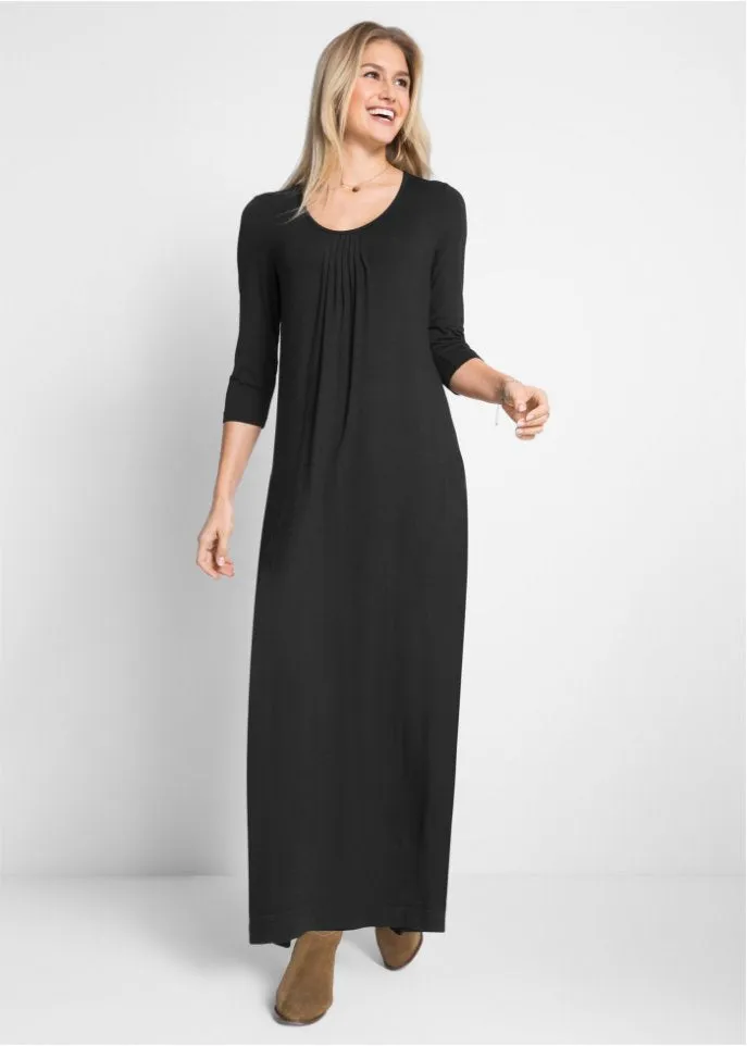 Light a-line viscose maxi dress with 3/4 sleeves Bpc Bonprix Collection, black