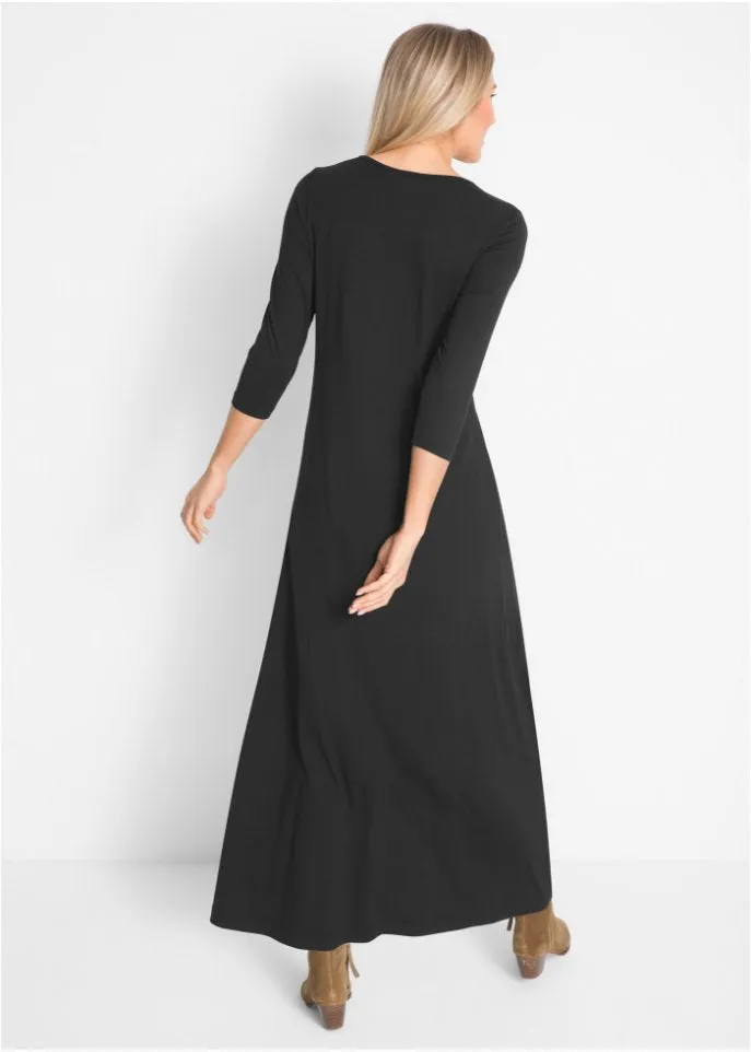 Light a-line viscose maxi dress with 3/4 sleeves Bpc Bonprix Collection, black