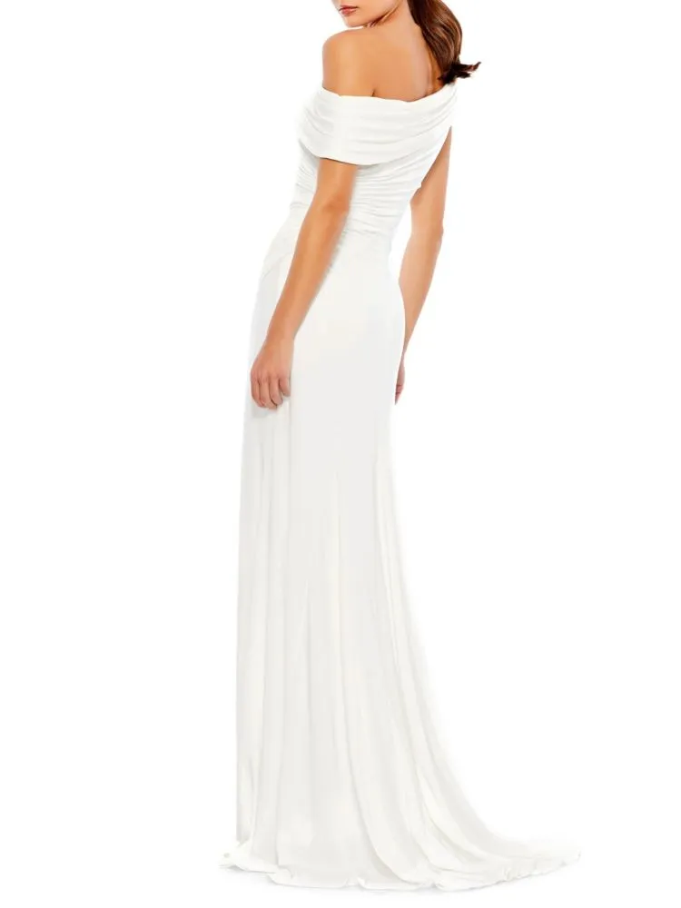 Mac Duggal Ruffle One-Shoulder Split Dress, White