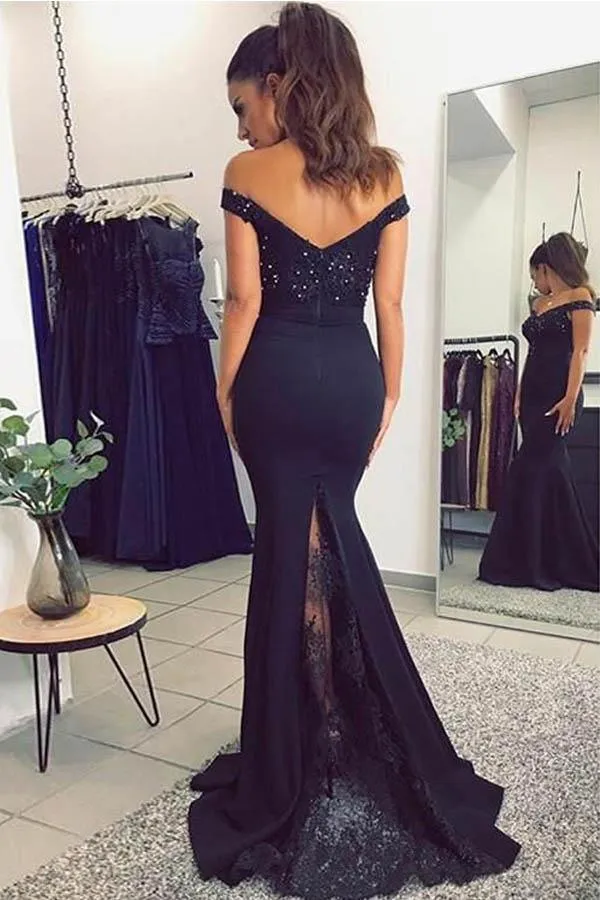 Mermaid Off-the-Shoulder Navy Blue  Prom Dress with Sequins PG469