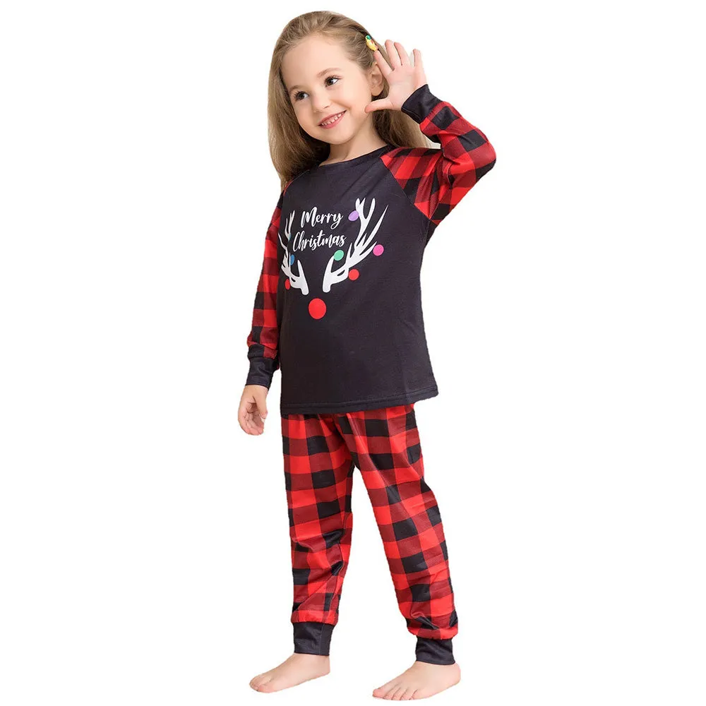 Merry Christmas Elk Antlers Plaid Print Christmas Family Pajamas