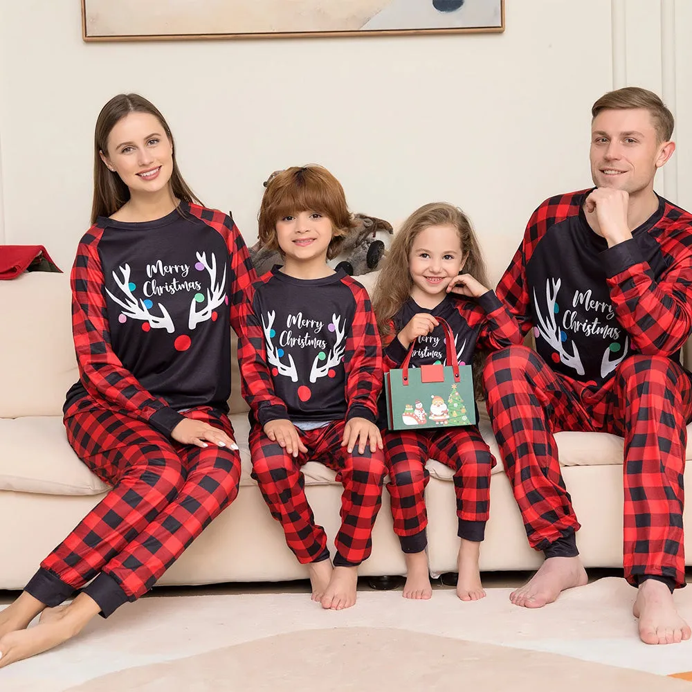 Merry Christmas Elk Antlers Plaid Print Christmas Family Pajamas