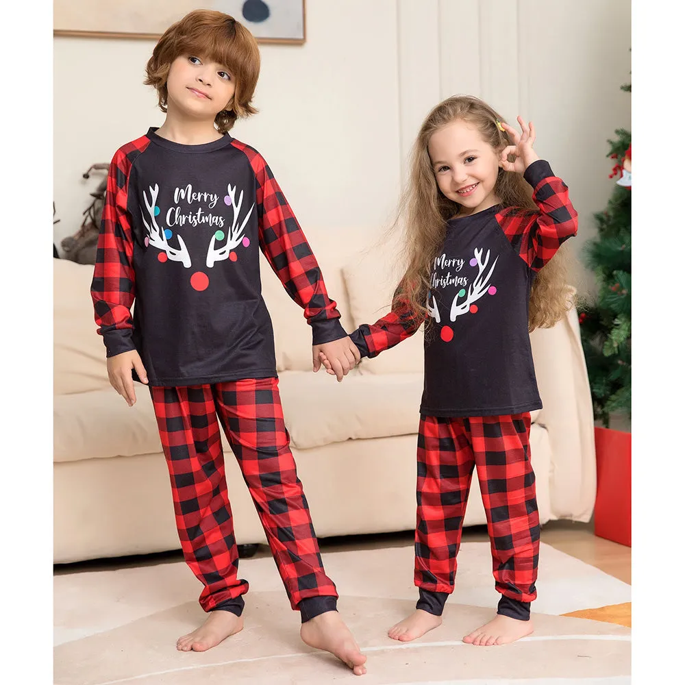 Merry Christmas Elk Antlers Plaid Print Christmas Family Pajamas