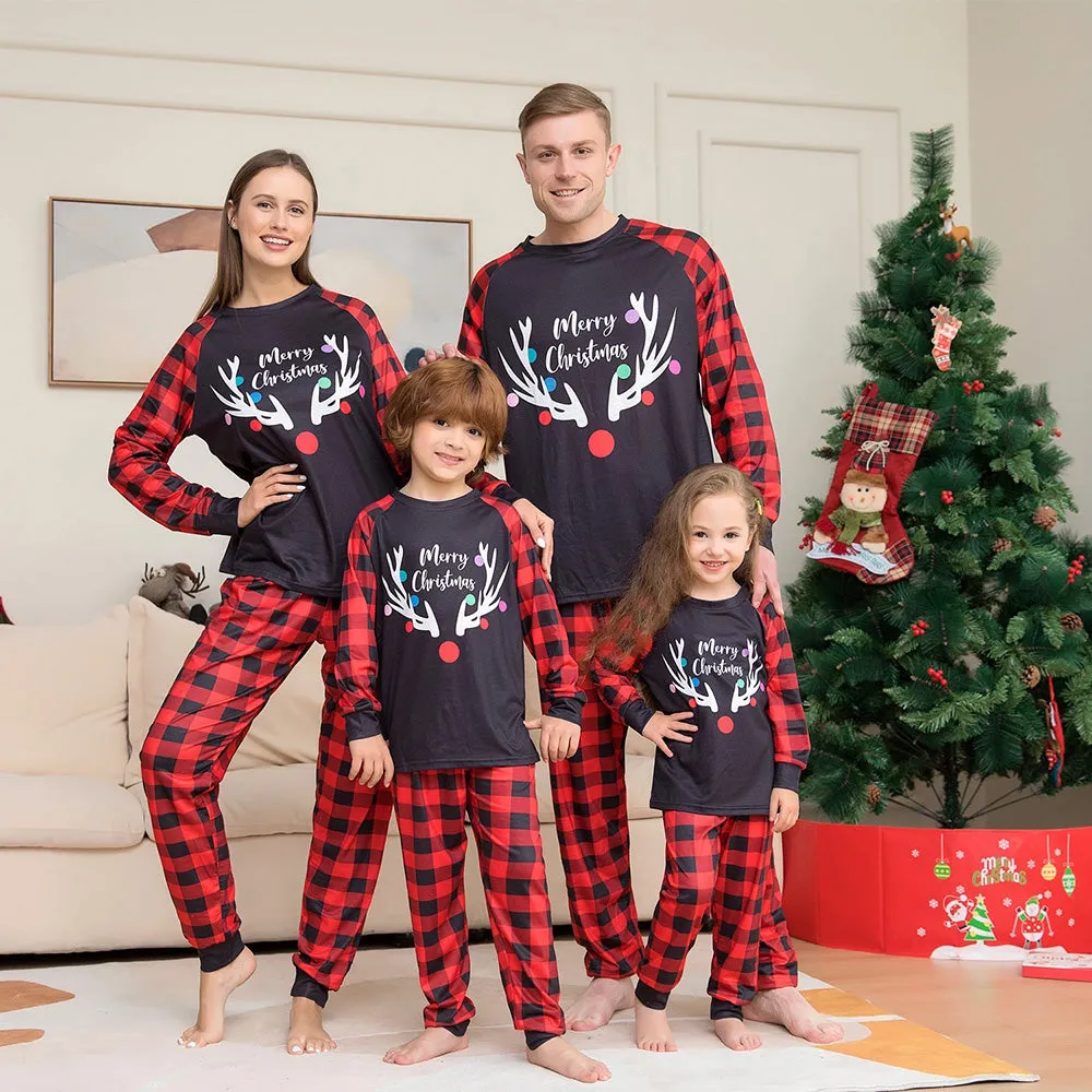 Merry Christmas Elk Antlers Plaid Print Christmas Family Pajamas