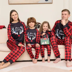 Merry Christmas Elk Antlers Plaid Print Christmas Family Pajamas