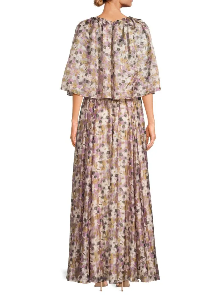 Mikael Aghal Floral Floor Length Dress in Lilac Multi