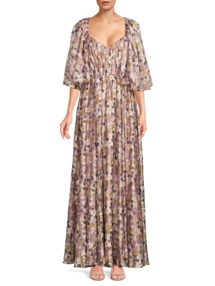 Mikael Aghal Floral Floor Length Dress in Lilac Multi