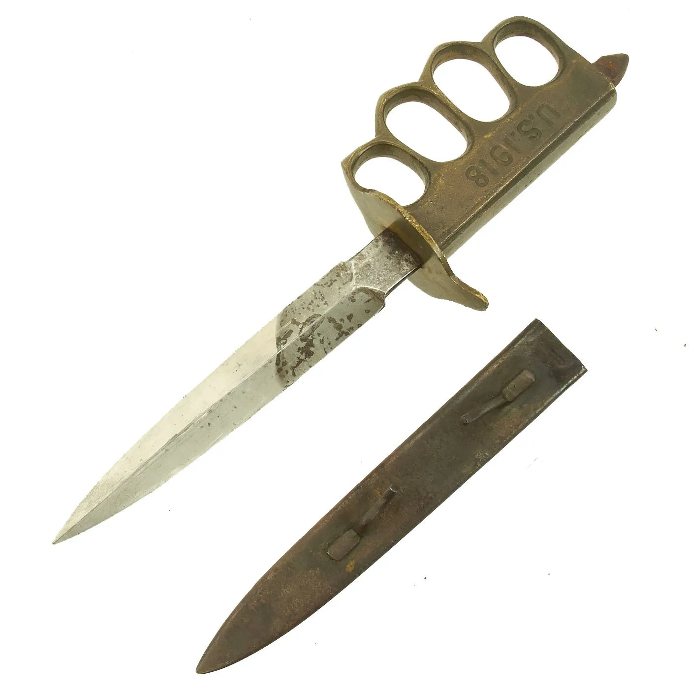 Original U.S. WWI Model 1918 Mark I Trench Knife with Unmarked Blade by AU LION with Steel Scabbard