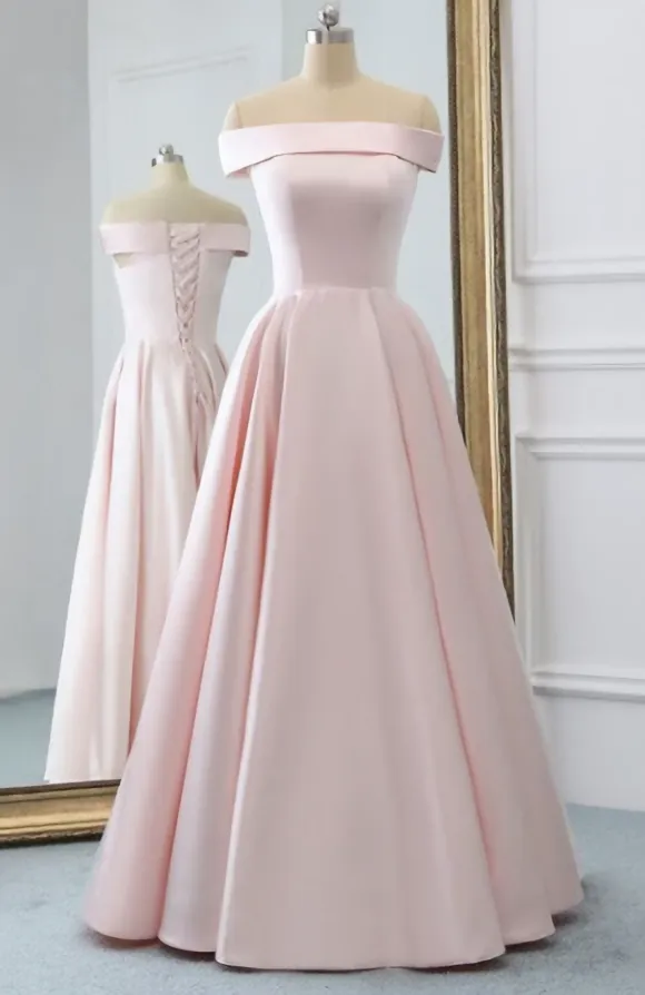 Pink Satin Long Evening Dress With Pockets Pink Prom Gowns