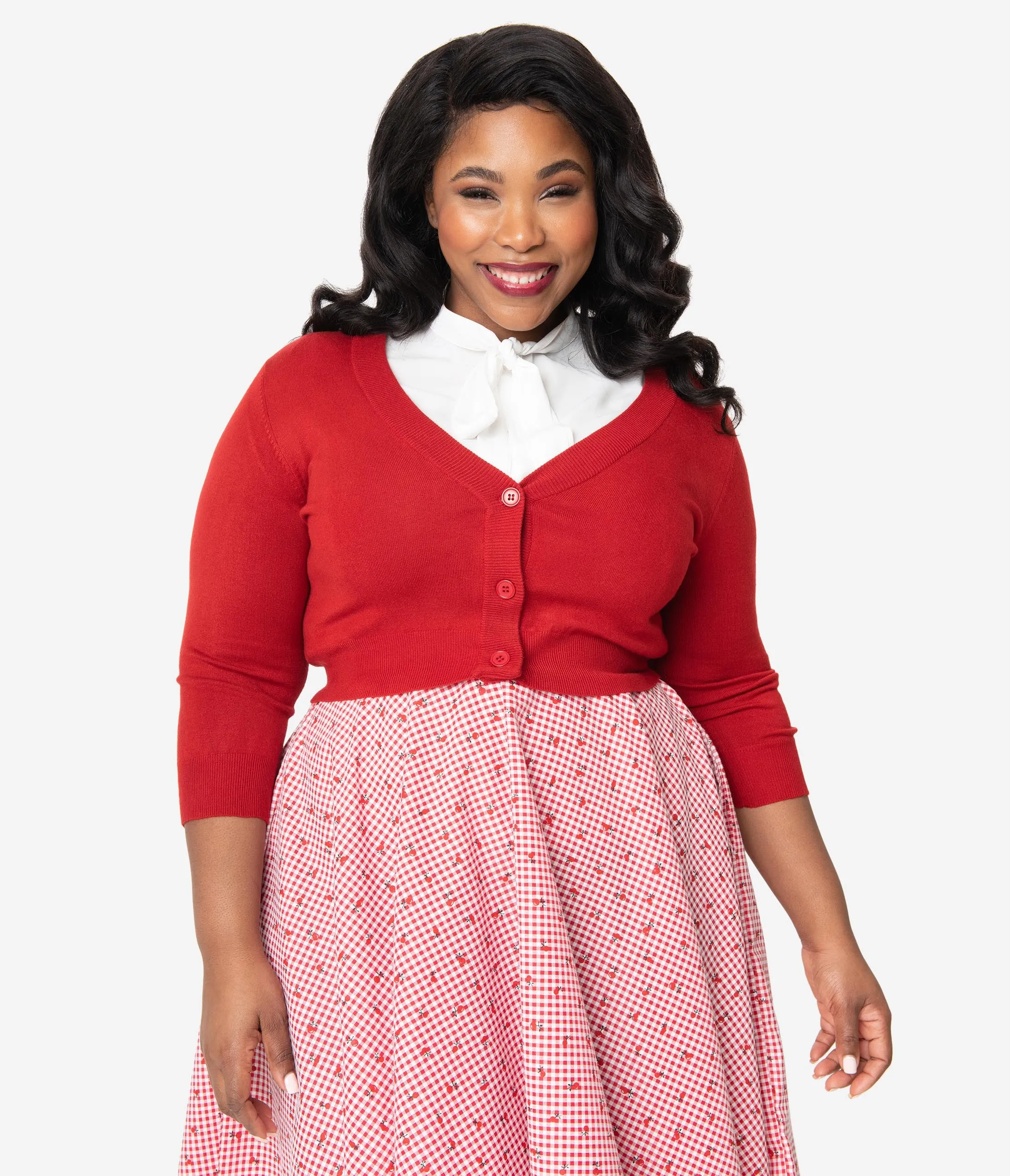 Plus Size Red Three-Quarter Sleeve Button Up Crop Cardigan