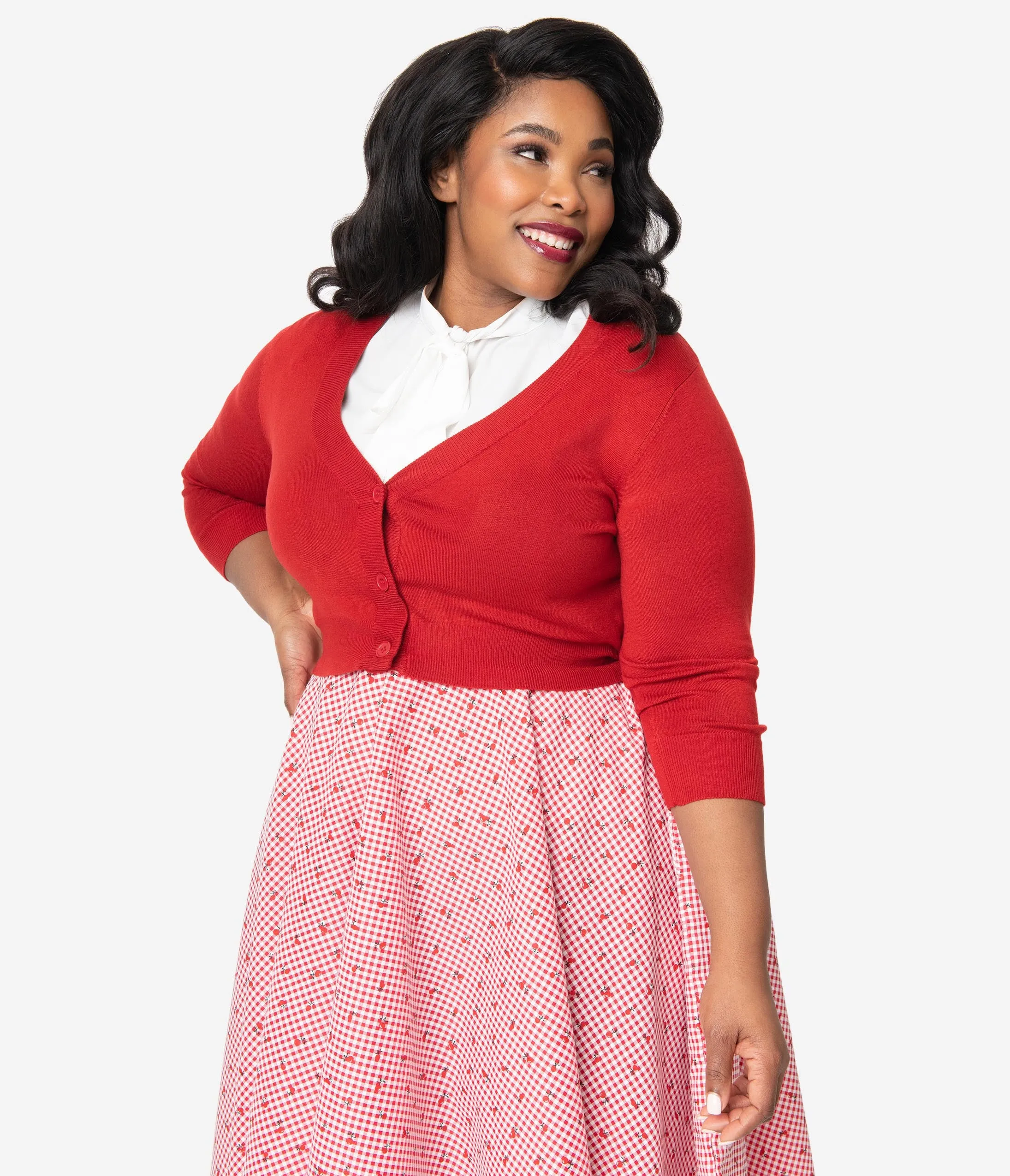 Plus Size Red Three-Quarter Sleeve Button Up Crop Cardigan