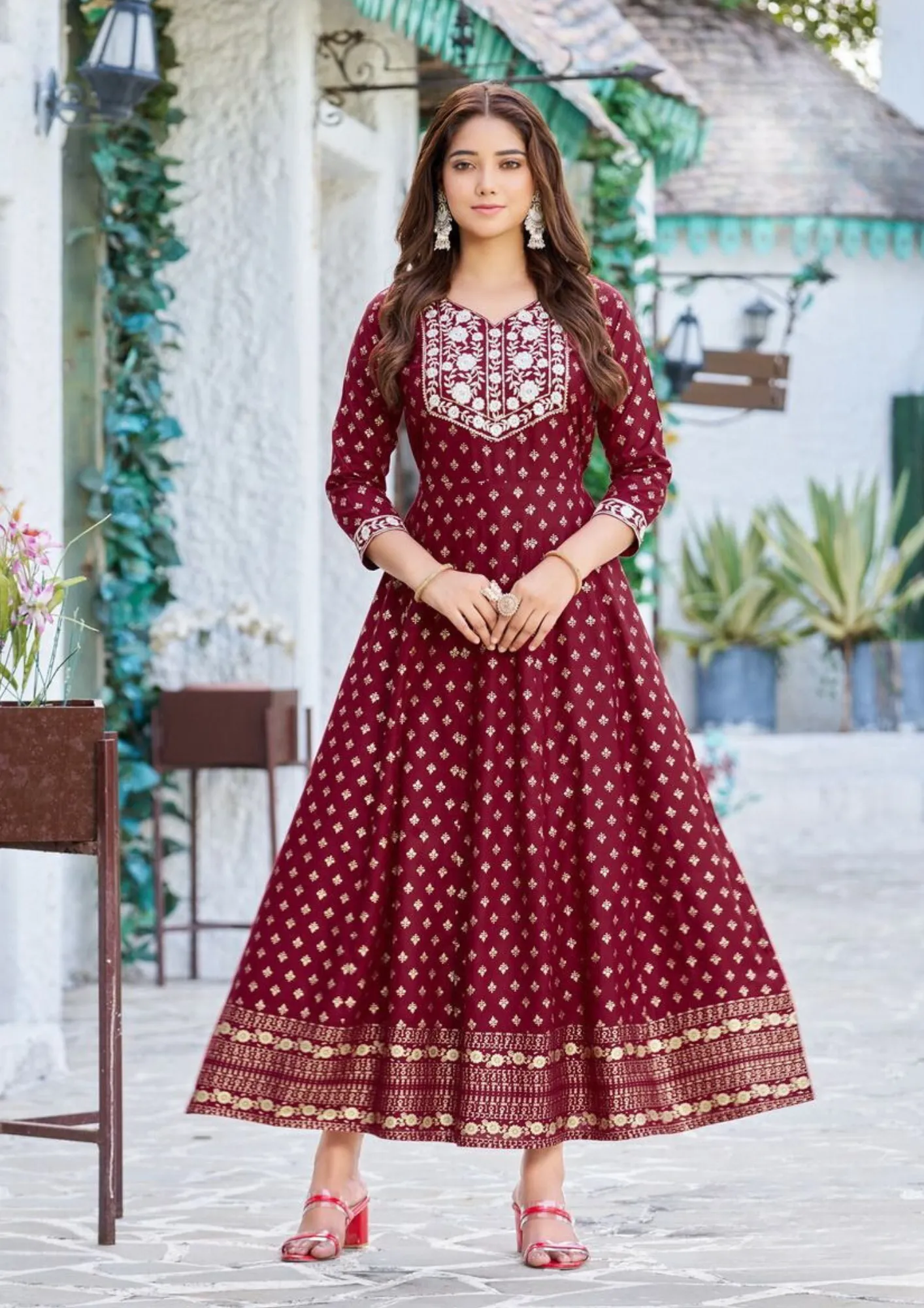 Ravishing Maroon Colored Rayon printed With Embroidery Work Long Anarkali Gown