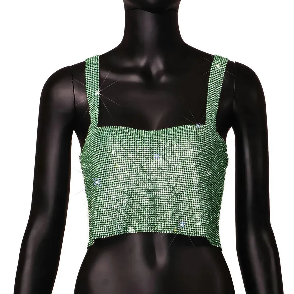 Rhinestone Metal Back Mesh Sleeveless Vest Hot Chain Hollow Sexy Party Femme Club Beach Crop Girl Top