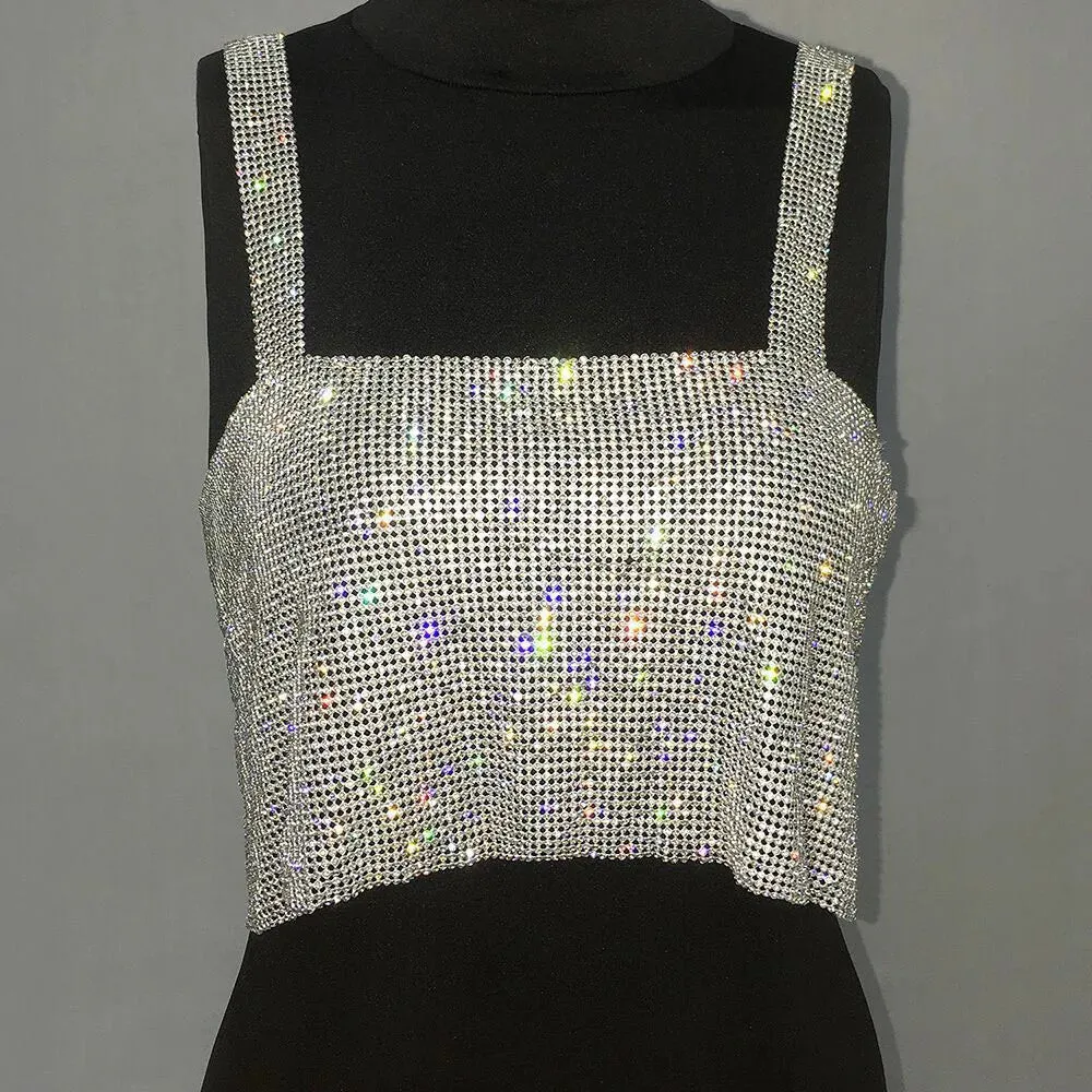 Rhinestone Metal Back Mesh Sleeveless Vest Hot Chain Hollow Sexy Party Femme Club Beach Crop Girl Top