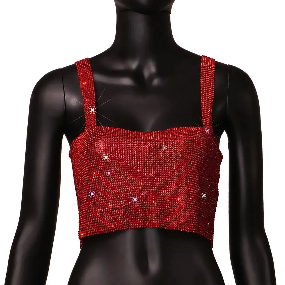 Rhinestone Metal Back Mesh Sleeveless Vest Hot Chain Hollow Sexy Party Femme Club Beach Crop Girl Top