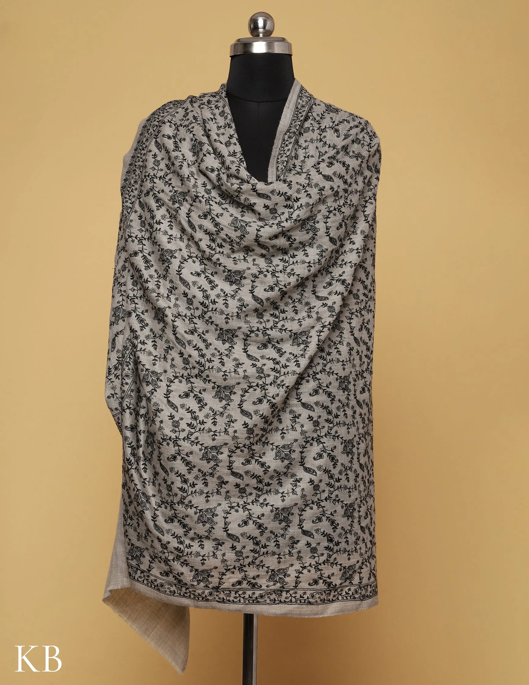 Rhino Grey Sozni Jali Embroidered Woolen Shawl