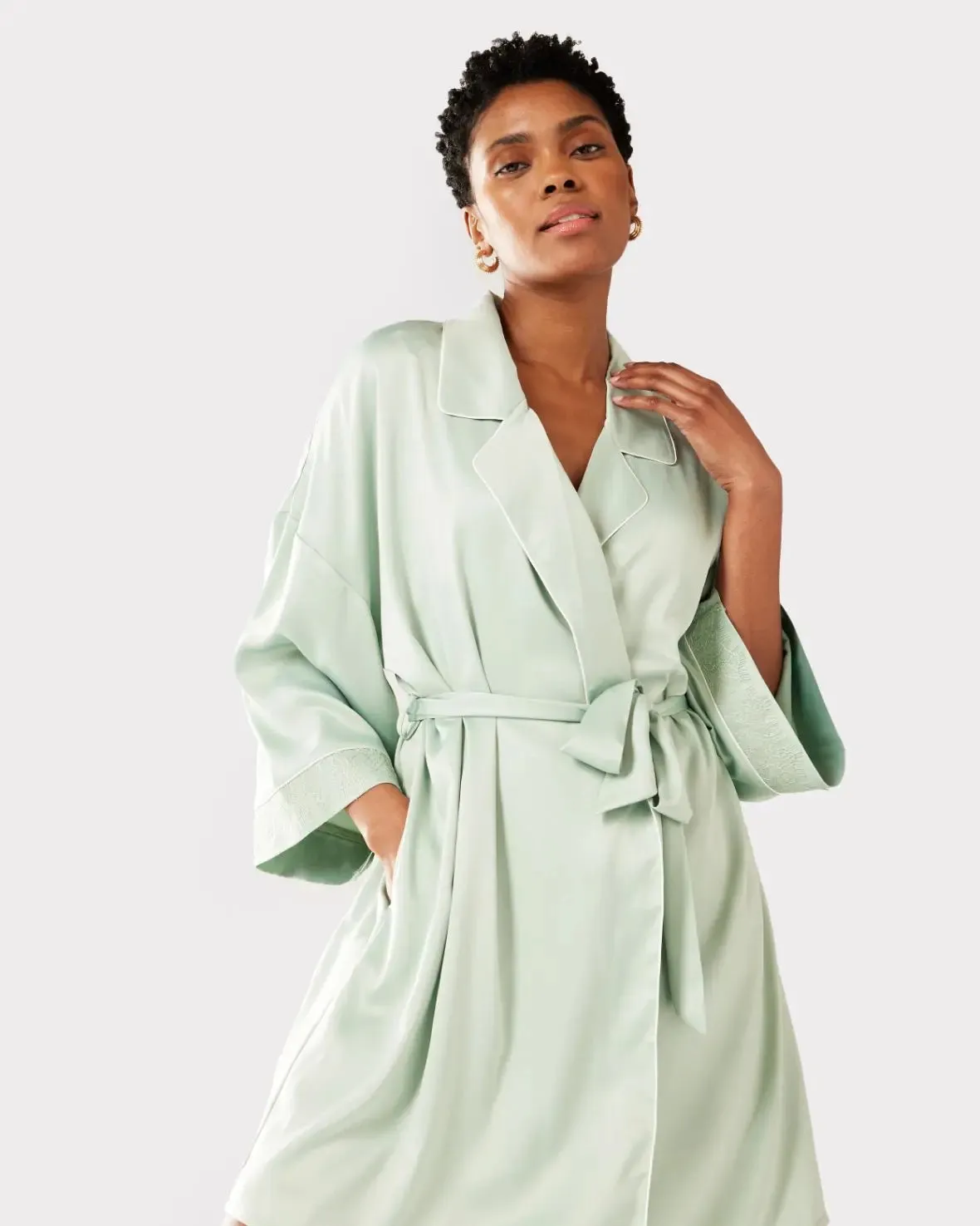 Sage Satin Lace Trim Robe Dressing Gown