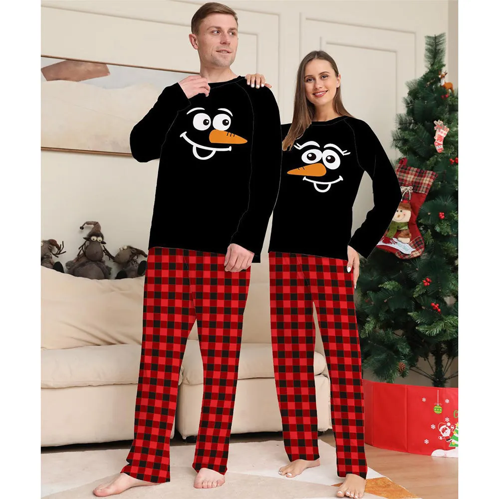 Snowman Plaid Print Round Neck Long Sleeve Christmas Family Pajamas