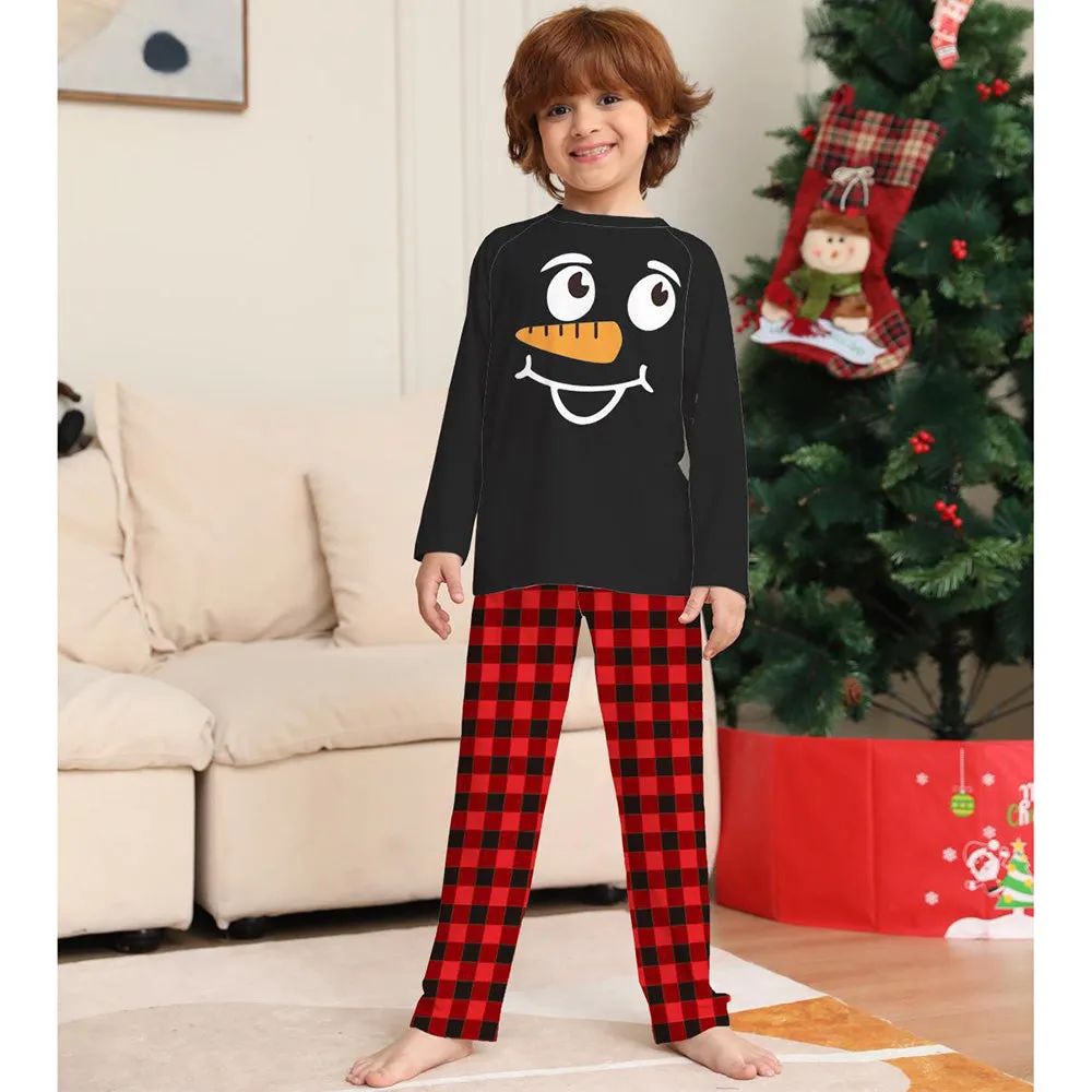 Snowman Plaid Print Round Neck Long Sleeve Christmas Family Pajamas