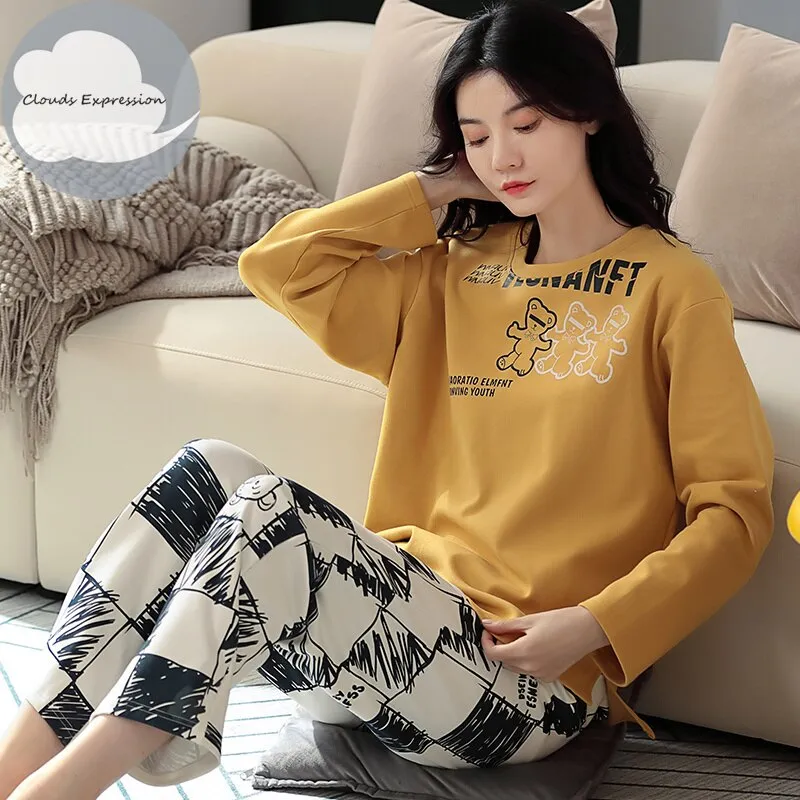 Spring Autumn Women's Sleep Lounge Pajama Long Sleeved Woman Pajama Set Cartoon Pyjamas Cotton Sleepwear M L XL XXL XXXL Fashion