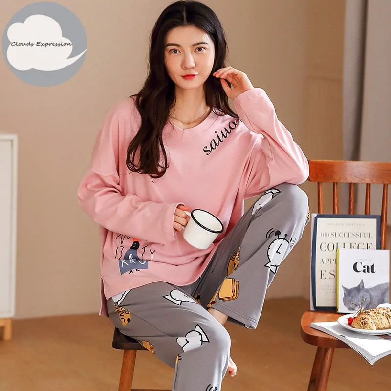 Spring Autumn Women's Sleep Lounge Pajama Long Sleeved Woman Pajama Set Cartoon Pyjamas Cotton Sleepwear M L XL XXL XXXL Fashion