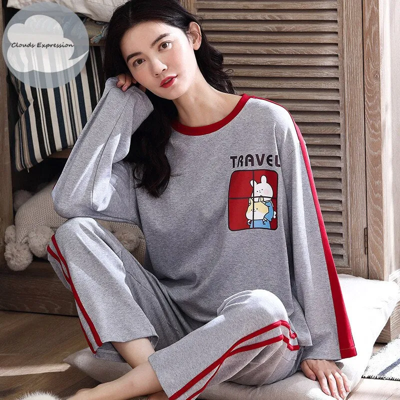 Spring Autumn Women's Sleep Lounge Pajama Long Sleeved Woman Pajama Set Cartoon Pyjamas Cotton Sleepwear M L XL XXL XXXL Fashion