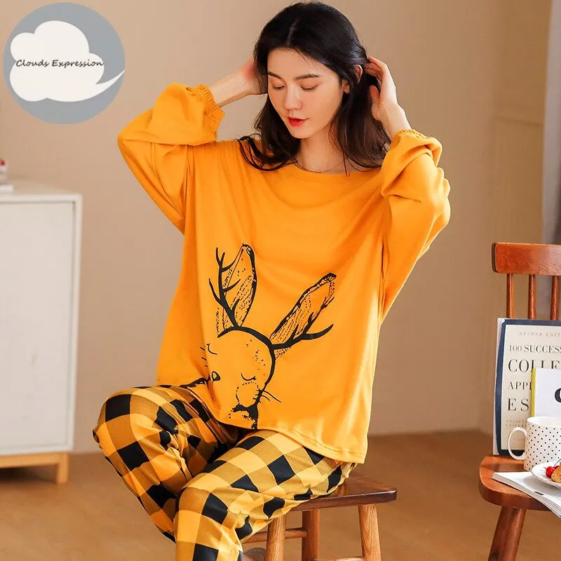 Spring Autumn Women's Sleep Lounge Pajama Long Sleeved Woman Pajama Set Cartoon Pyjamas Cotton Sleepwear M L XL XXL XXXL Fashion