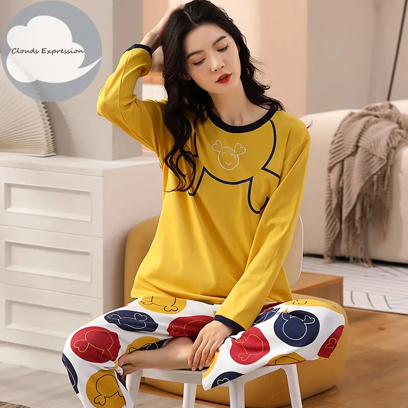 Spring Autumn Women's Sleep Lounge Pajama Long Sleeved Woman Pajama Set Cartoon Pyjamas Cotton Sleepwear M L XL XXL XXXL Fashion