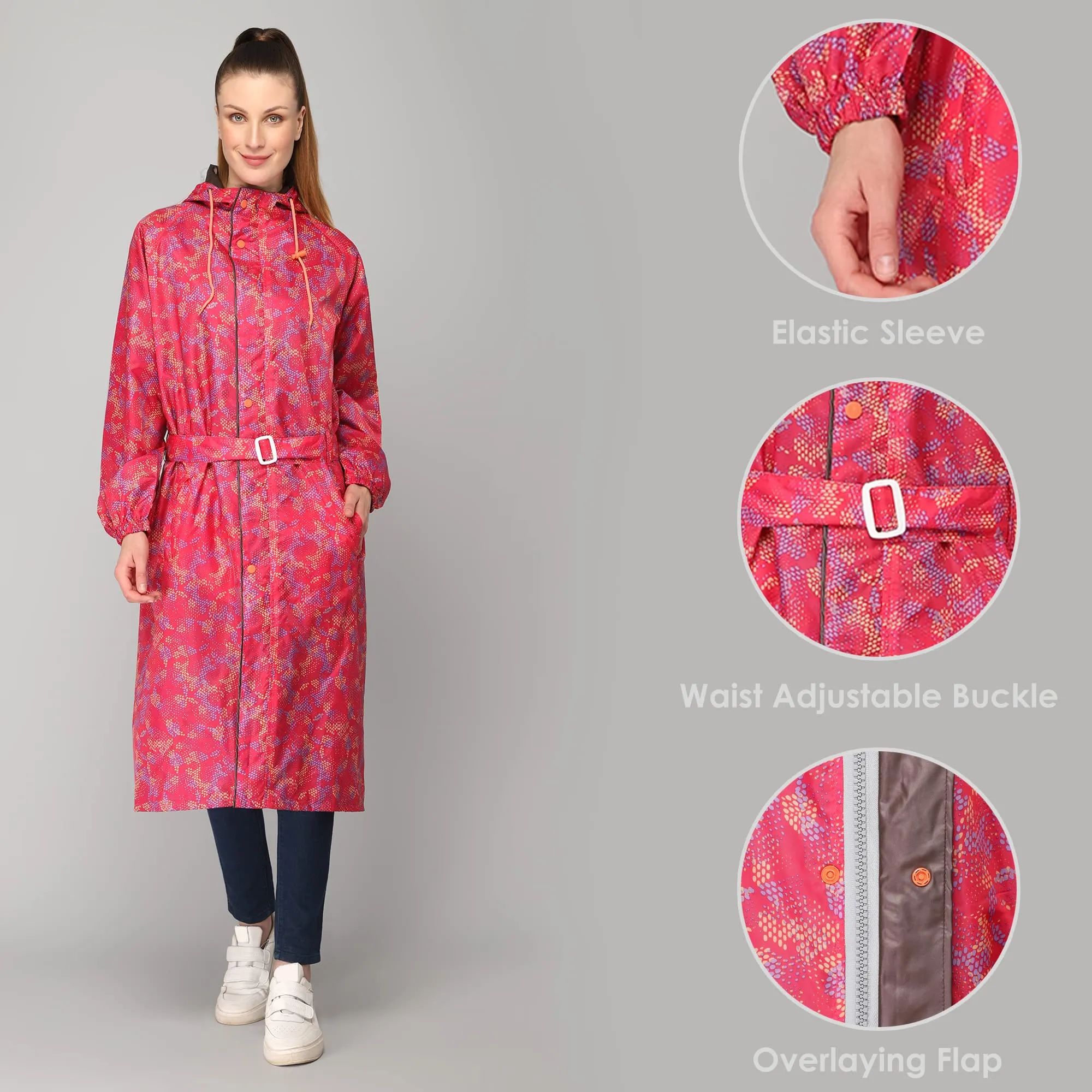 THE CLOWNFISH Juliet Series Raincoats for Women Rain Coat for Women Raincoat for Ladies Waterproof Reversible Double Layer Longcoat with Printed Plastic Pouch (Pink, XL)