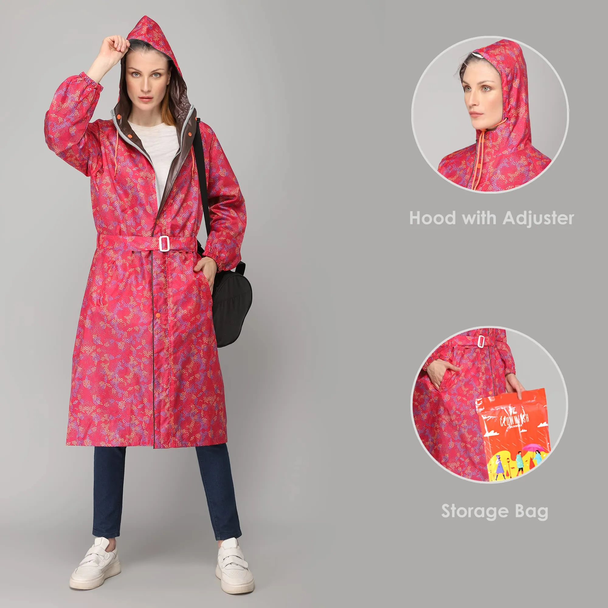 THE CLOWNFISH Juliet Series Raincoats for Women Rain Coat for Women Raincoat for Ladies Waterproof Reversible Double Layer Longcoat with Printed Plastic Pouch (Pink, XL)