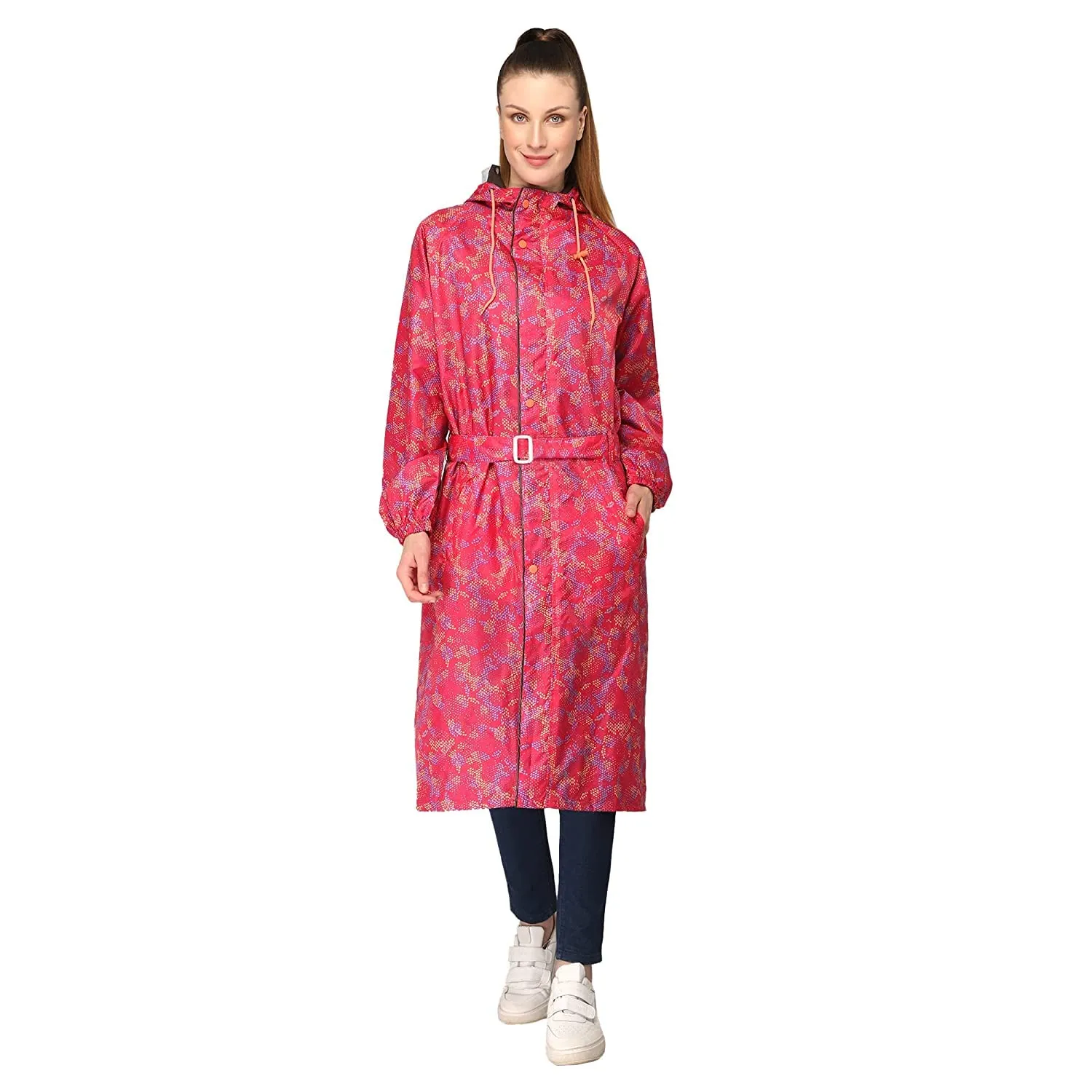 THE CLOWNFISH Juliet Series Raincoats for Women Rain Coat for Women Raincoat for Ladies Waterproof Reversible Double Layer Longcoat with Printed Plastic Pouch (Pink, XL)