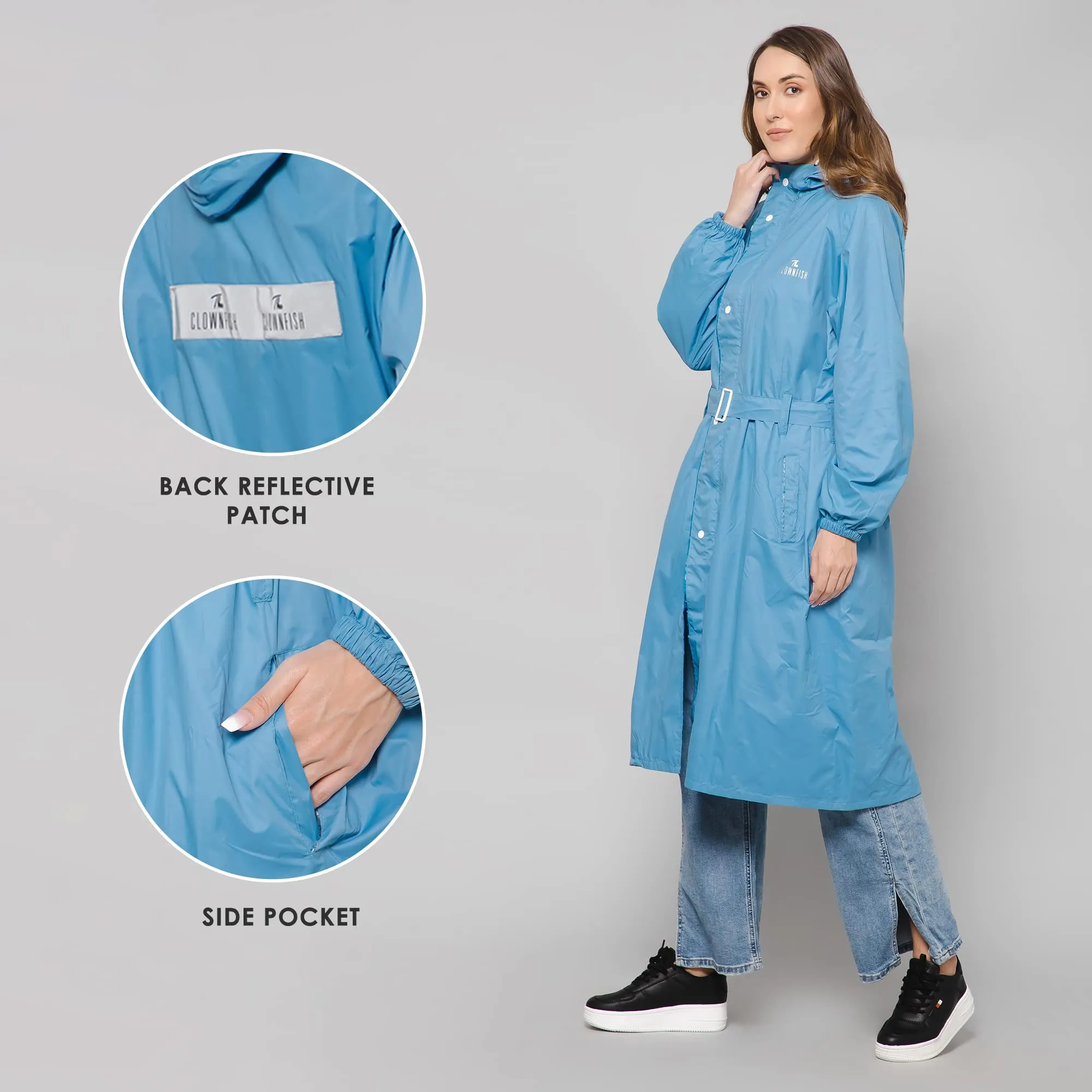 THE CLOWNFISH Raincoats for Women Rain Coat for Women Longcoat Raincoat for Ladies Waterproof Reversible Double Layer. Aquashield Series (Sky Blue, X-Large)