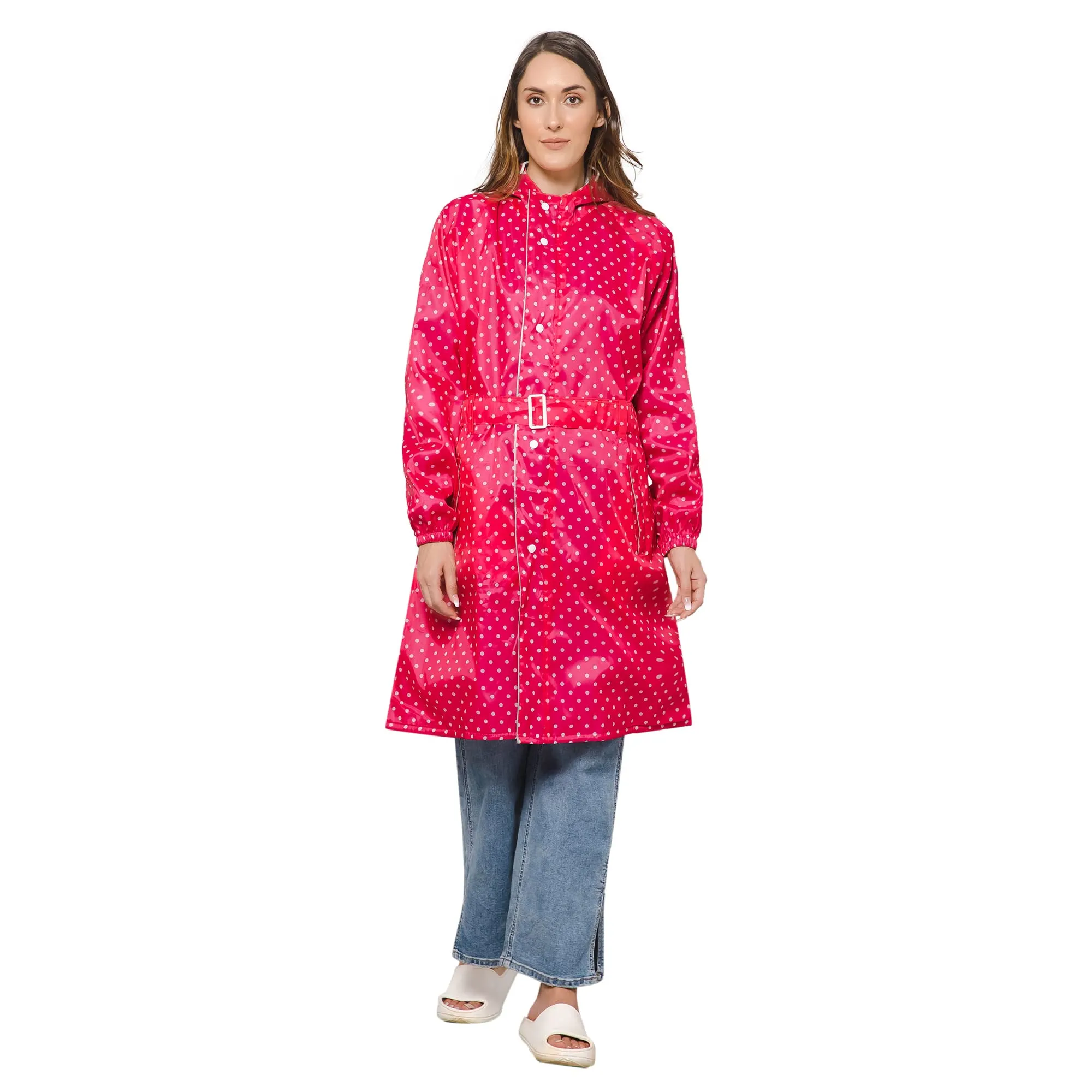 THE CLOWNFISH Raincoats for Women Rain Coat for Women Longcoat Raincoat for Ladies Waterproof Reversible Double Layer. Dotty Delight Series (Dark Pink, Large)