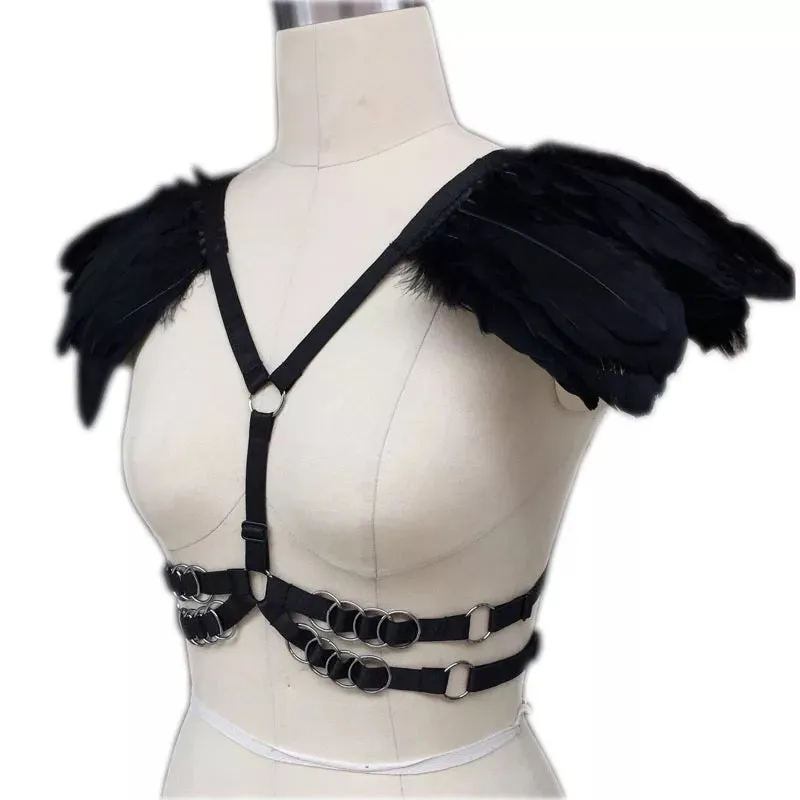 Victorian Cosplay Goth Feather Body Harness - Black (Style 4)