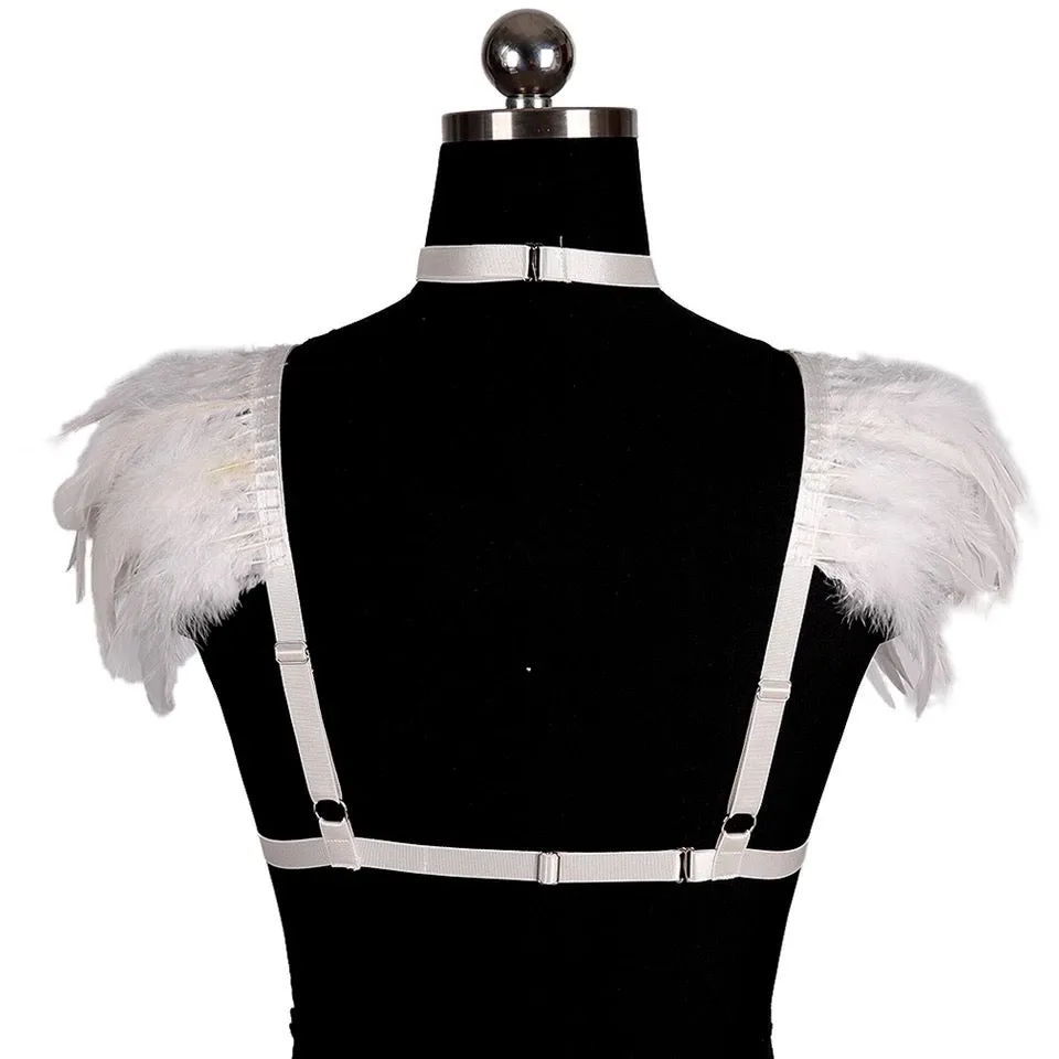 Victorian Cosplay Goth Feather Body Harness - White (Style 7)