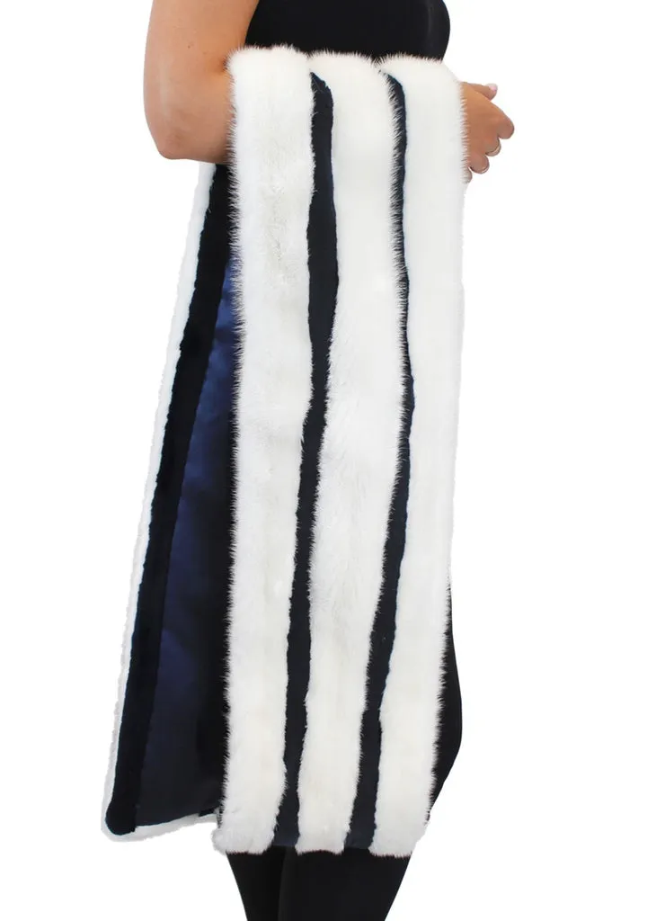 WHITE MINK & NAVY BLUE SHEARED MINK FUR CROSSOVER STOLE